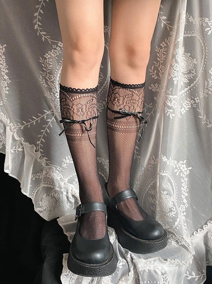 White/Black Calf Ribbon Bow Lace Socks Breathable