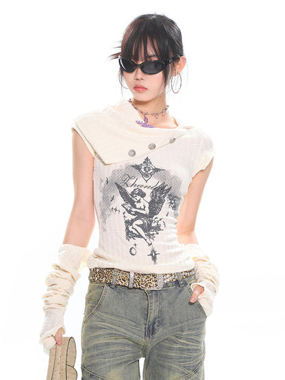 Collar Daily Knit T-shirt with Angel Print Asymmetrical Kawaii Beige
