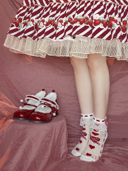 Lining Mary Bow - Sweet Pompom Lolita PU Plush with Wine Janes Mid-heel Accented Red