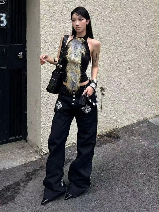 Black Cross Letter Print Curved Leg Canvas Punk Pants - DETW OnLine
