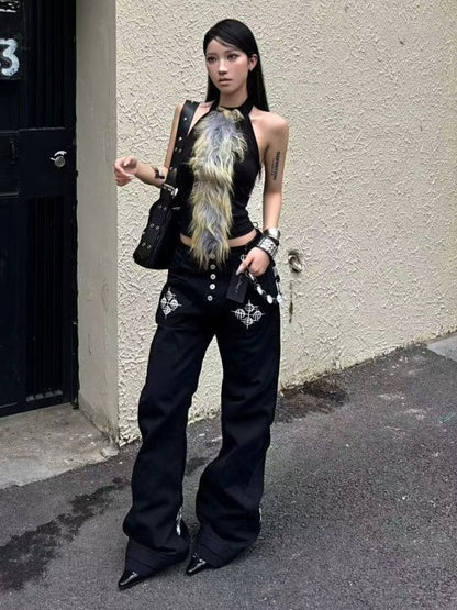 Black Cross Letter Print Curved Leg Canvas Punk Pants - DETW OnLine