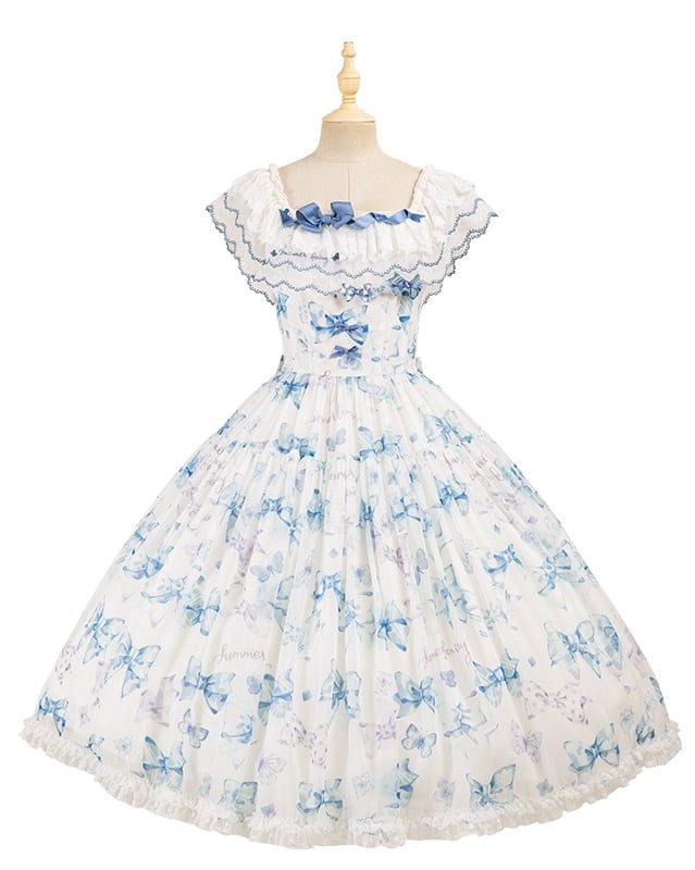 Blue Bows and Butterfly Print Lolita Dress Two Ways Wear Neckline
