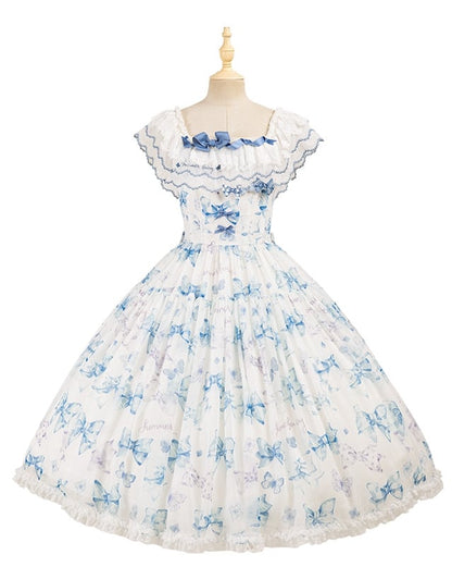 Blue Bows and Butterfly Print Lolita Dress Two Ways Wear Neckline