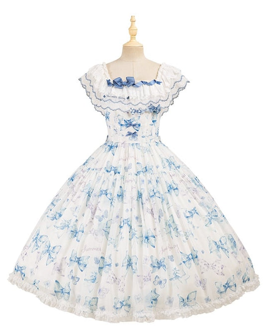 Blue Bows and Butterfly Print Lolita Dress Two Ways Wear Neckline