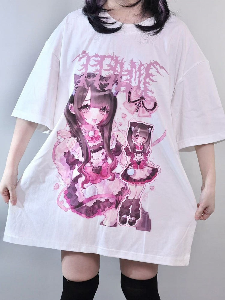 Jirai Weiß Oversized Girl Runder Cartoon Kei Print T-Shirt Hals