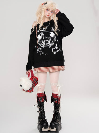 Black/White Asymmetrical Neckline Yami Kawaii Top Plaid Cuffs