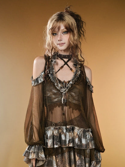 Shoulder Brown V-neck Wasteland Punk Sleeves Dark Top Design Long Cutout Semi-sheer