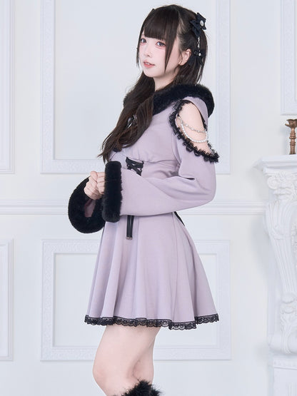 Trim Hoodie Jirai Cutout Contrast Purple Kei Chains Dress: Shoulder Beaded Black with Plush