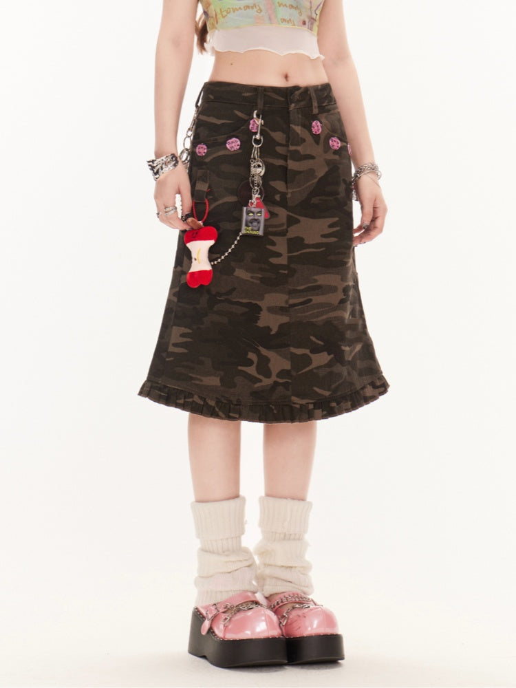 ウエストヴィンテージフリルヘムデニムマーメイドスカートカモロー