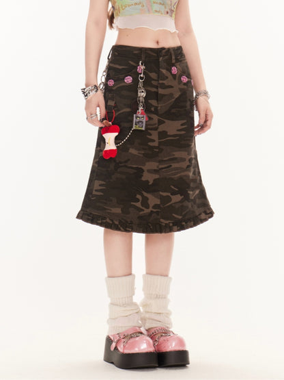 ウエストヴィンテージフリルヘムデニムマーメイドスカートカモロー