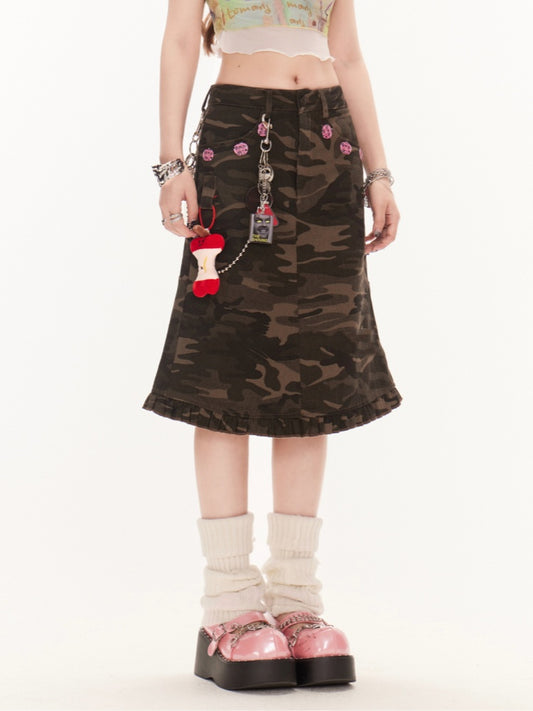 ウエストヴィンテージフリルヘムデニムマーメイドスカートカモロー