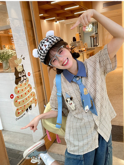 Adorable Puppy Embroidery Plaid Shirt with Tie Light Brown