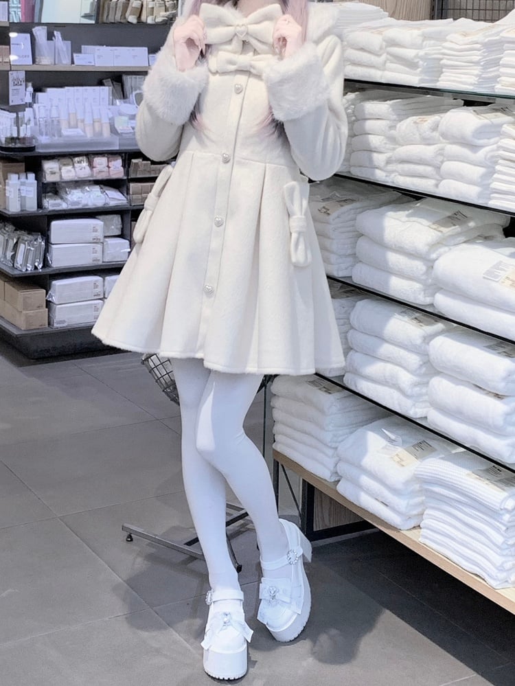 Bowknot Jirai Beige Kei Details Collar and Decorated Plush Cuffs Coat Beaded