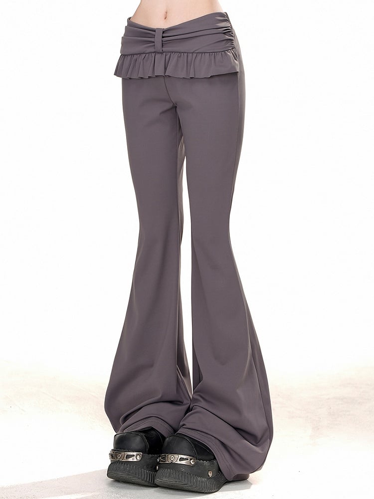 グレーのフリルトリムスリムフィットフレアパンツ