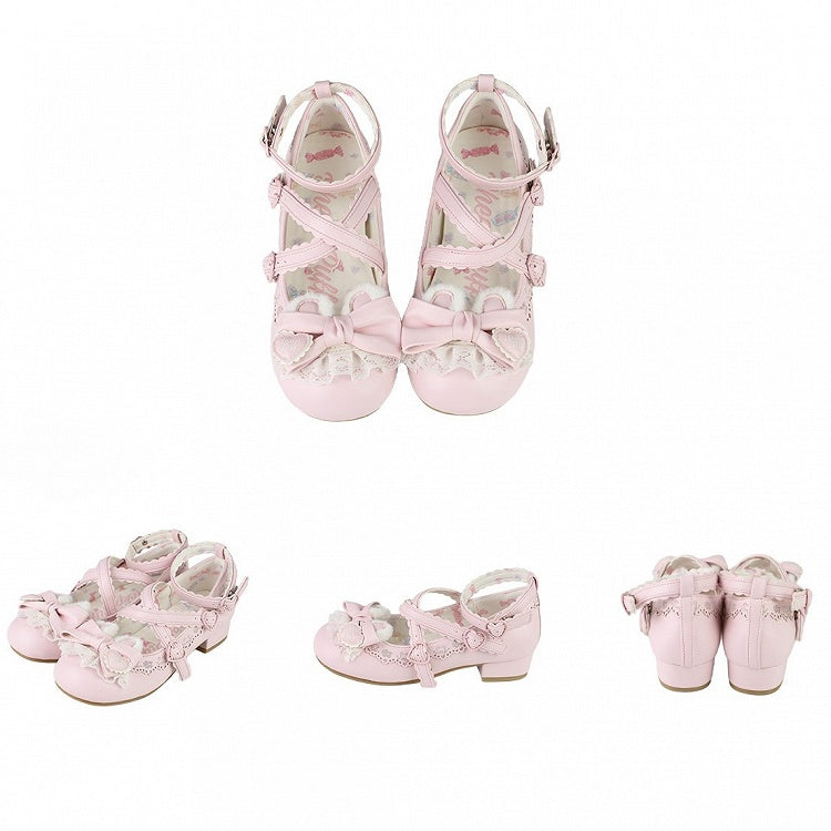 Bear Design Lolita Ear - Sweet Buttons Plush Janes Heart Adjustable Mary Crisscross with Bow Pink PU Snap