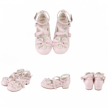 Bear Design Lolita Ear - Sweet Buttons Plush Janes Heart Adjustable Mary Crisscross with Bow Pink PU Snap