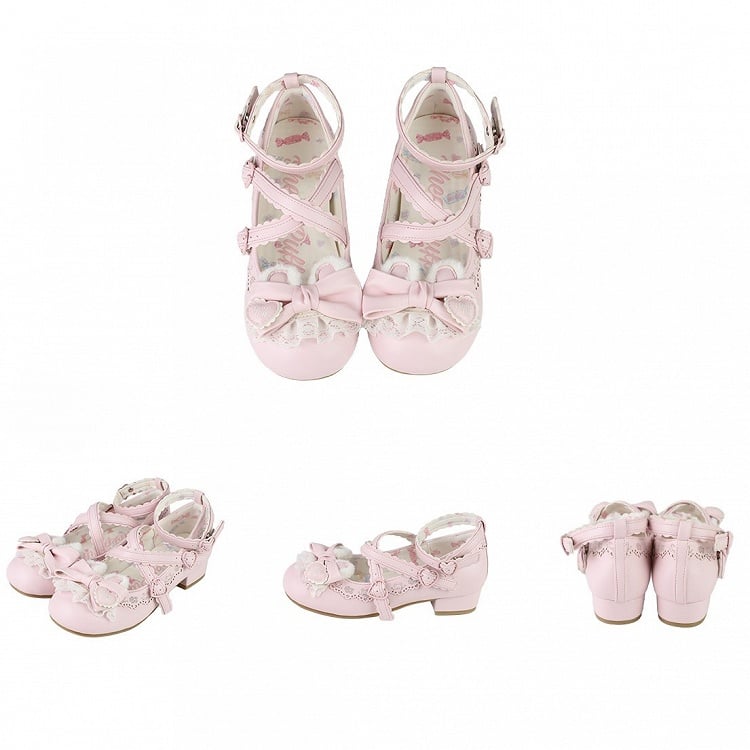 with Pink Mary Bow Adjustable Sweet PU Janes - Buttons Plush Crisscross Snap Heart Lolita Ear Design Bear