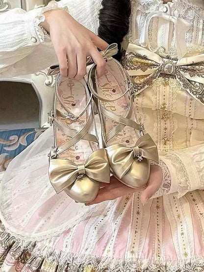 リボンハイヒール、ストラップトップバックル、ゴールド