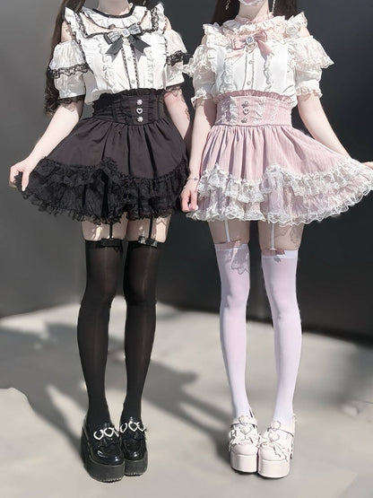 Black & White Jirai-kei Cutout Shoulder Short Sleeve Top with Rhinestone Bow and Lace - Virtual Paradise