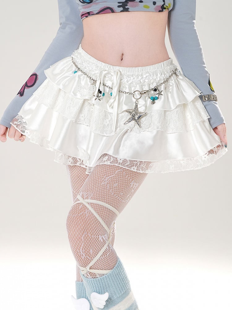 White/Black Trim Elastic Waist Butterfly Appliques Lace