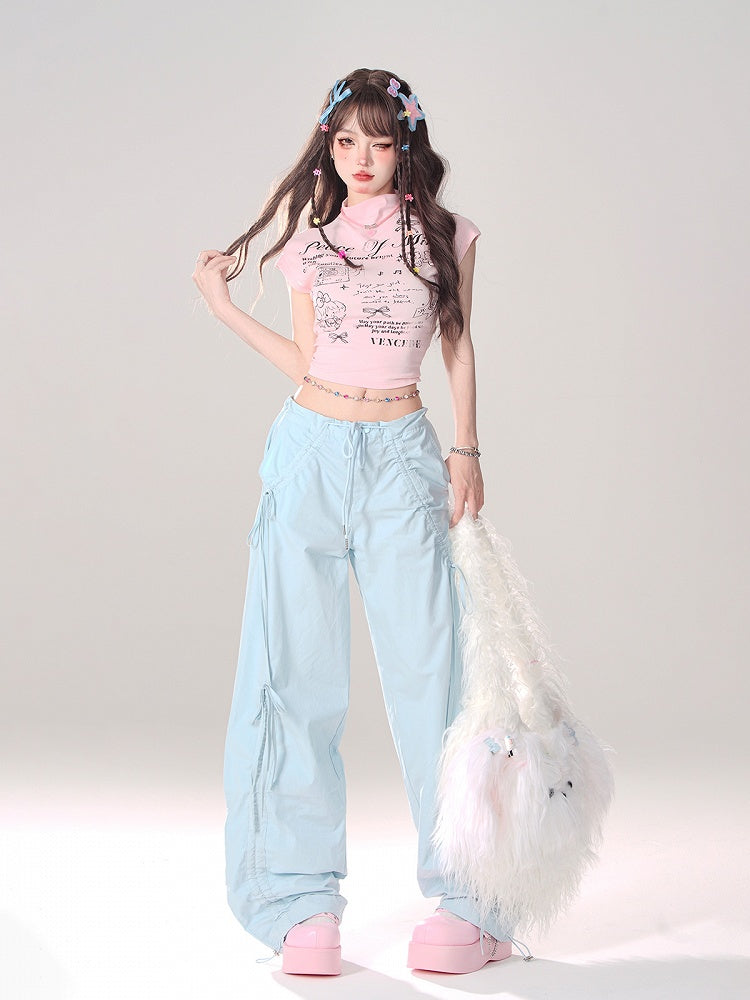 Blue Low Waist Wide-Leg Pants with Asymmetrical Drawstring Bows