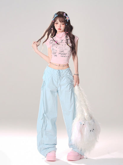 Blue Low Waist Wide-Leg Pants with Asymmetrical Drawstring Bows