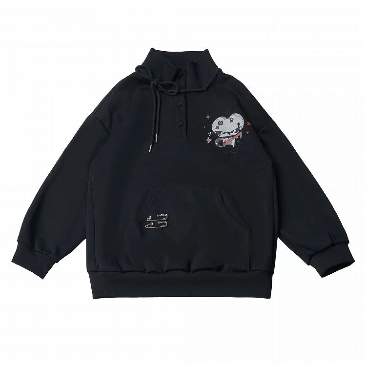 Stand Collar Sweatshirt in Black with Cartoon Mouse Print and Safety Pin Detail - PINK SAVIOR