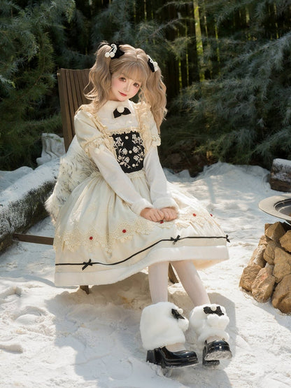 und Ausschnitt Beige Lange Ärmel Manschetten Lolita Floral Plüsch Kleid Mieder Stickerei