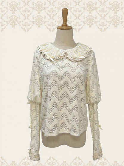 ロングピータークリーミーニットスリーブパントップカラー