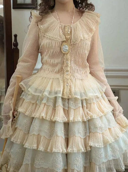 Beige Elegant Lolita Sleeves Blouse with Hem Ruffled Long