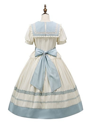 Lace Milk White Sailor Dress Puff Sleeves and Trim Collar Lolita with Light Blue