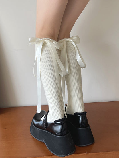 White/Black Sweet Bow Ribbon Calf Socks