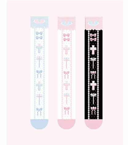 Black/Pink/Blue Sweet  Lolita Cross and Bowknot Print Overknee Stockings