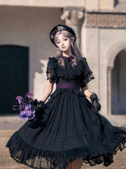 Lolita Schmetterlingsgürtel Schwarzes Kleid Taille Elegant Klassisch mit Ärmeln Illusion Ausschnitt Lila Edward