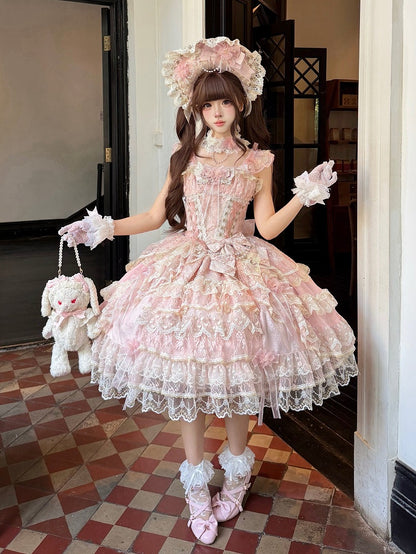 Pink Layered JSK Dress with Floral Bow Accents - Pear Island Sweet Tea