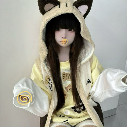 Cozy Khaki Kitty Ear Hood Fleece Vest with Taiyaki and Cat Embroidery  Adorable Cat Pockets