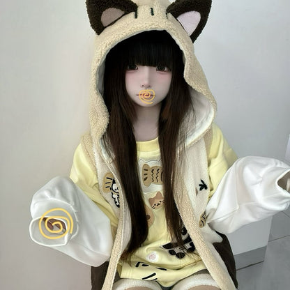 White Design Core | Otome Colorblock Yellow Taiyaki Cat Embroidery Sweatshirt