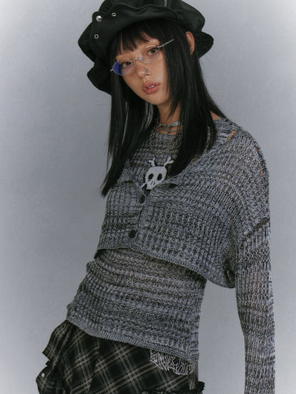 Set Y2K Gray Skeleton Distressed Tank Top with Cardigan Glamorous Holes Pattern