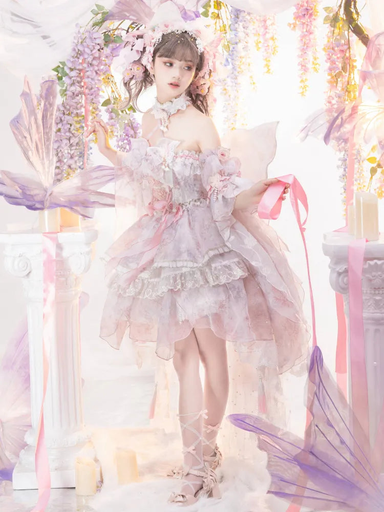 Rosa Prinzessin Fee Blumenmuster Set voller Schmetterling und JSK Kleid Lolita Blume