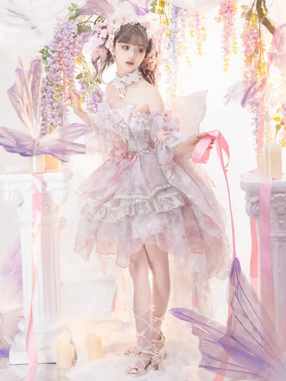 Rosa Prinzessin Fee Blumenmuster Set voller Schmetterling und JSK Kleid Lolita Blume