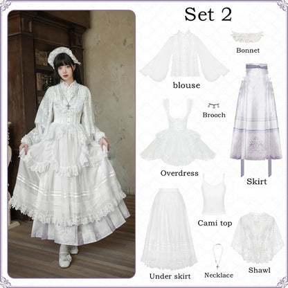 ロングスカート 花柄袖 パープル + ロリータプリント 漢馬顔とライトブラウス ホワイトセット フルスネーク