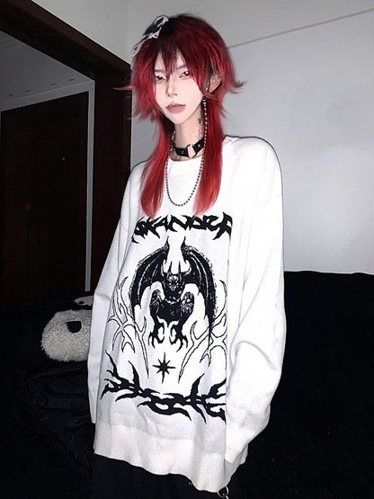 Oversized Crew Neck Pullover with Dark Pattern Print - WET BODY