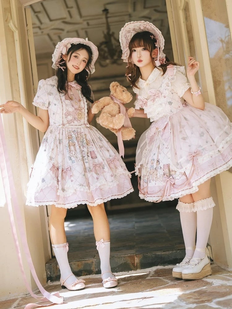 Sweet Lolita OP Dress Set with Puff Sleeves, Bear Print and Floral Embroidery - Treasure House