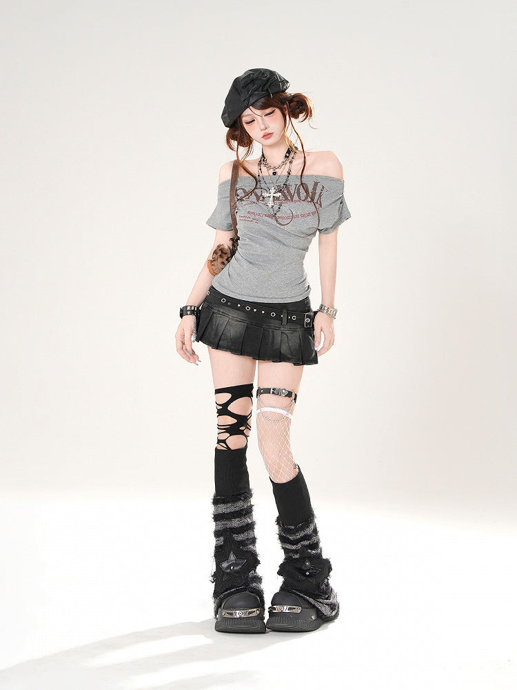 Grau/Marineblaues schulterfreies blaues T-Shirt mit Ausschnitt und Buchstaben-Print