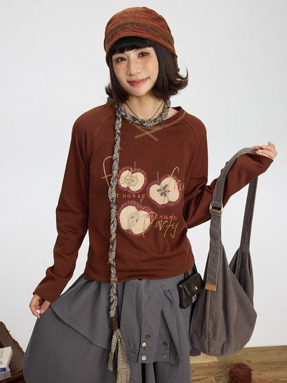 Kawaii Shirt Sleeve Print Long Brown Decorated - Red Apple