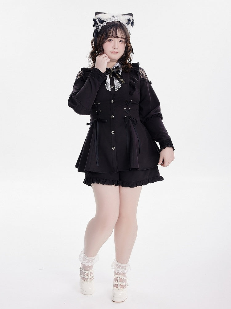 Shoulder Long Ruffle Jirai Hem Ensemble: Sleeve Black Cold Shorts Kei Top