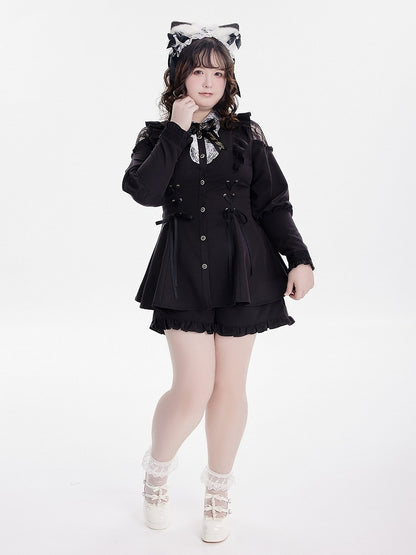 Shoulder Long Ruffle Jirai Hem Ensemble: Sleeve Black Cold Shorts Kei Top