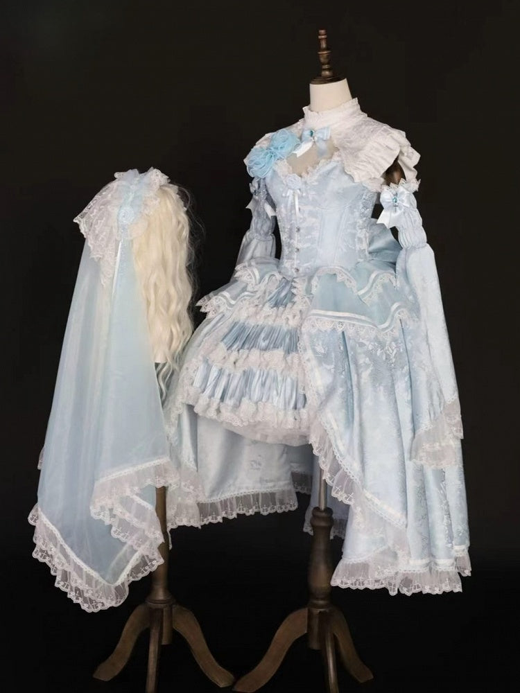 Blue and White Lolita Boned Corset Top Full Set with Skirt, Collar, Bell Sleeves & Accessories - Somnium Isle