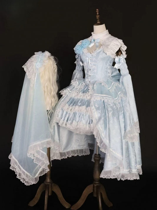 Blue and White Lolita Boned Corset Top Full Set with Skirt, Collar, Bell Sleeves & Accessories - Somnium Isle