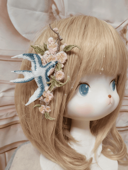 Lolita Hairclip Blossom Swallow Embroidered Plum